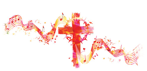 Wall Mural - Christian cross with Crown of Thorns and musical notes stave isolated. Vector illustration. Religion themed design for Christianity and church service. Church choir background. Sacrifice concept