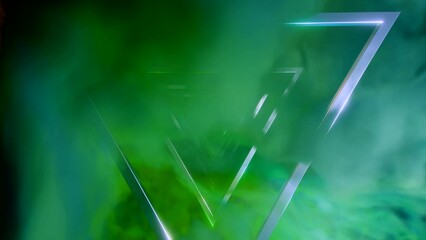 Poster - Green and gray smoke and a triangular corridor. Design. Computer graphics with flying triangles surrounded by smoke.