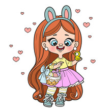 Cute Cartoon Long Haired  Girl With Bunny Ears And Basket Hold A Chicken In Hand Color Variation For Coloring Page On White Background