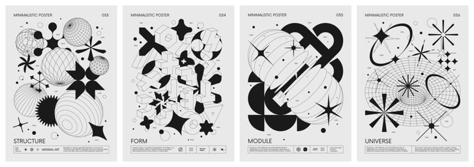 futuristic retro vector minimalistic posters with strange wireframes graphic assets of geometrical s
