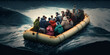 © ink drop - Migrants and refugees take a dangerous journey in a boat on the ocean. Generative ai