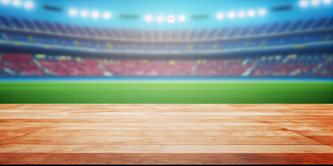 Wall Mural - Empty wooden table top product display showcase stage with large sports stadium background. Generative ai