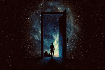 Wall Mural - human silhouette standing in front of open door and looking into space galaxy background. magic port