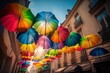 illustration, hanging rainbow umbrellas in the sky during gay pride, ai generative