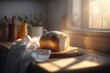 Freshly baked loaf of artisan bread cooling on the counter, sunlight, Generative AI
