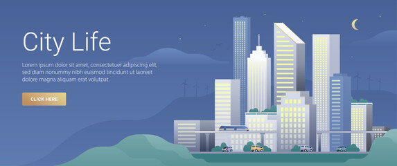 Wall Mural - Flat vector illustration of the night city landscape with public transportation and street traffic. Skyline background with office buildings, mountains and wind turbines.