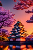 Fototapeta Sport - at sunset, beautiful Japanese temple cherry blossom trees, sakura season, autumn - generative ai