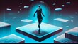 © Denis Yevtekhov - An illustration of a person walking on a floating platform with holographic screens and data surrounding them AI Generated