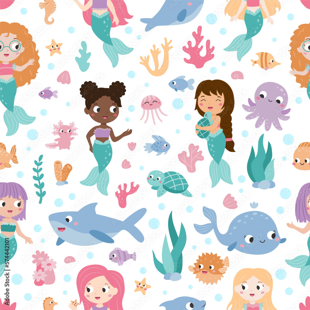 Seamless pattern with cute mermaids, sea animals and fish, seaweeds ...