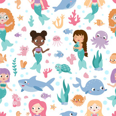 Wall Mural - Seamless pattern with cute mermaids, sea animals and fish, seaweeds, corals. Kawaii cartoon characters. Fairy tale. Flat style. Vector illustration.