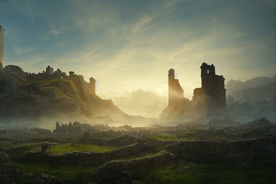 digital illustration of fantasy medieval environment landscape concept background in ancient ruin ci