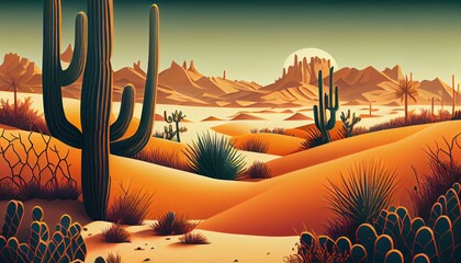 an illustration of a desert landscape with a cactus and sand dunes ai generated