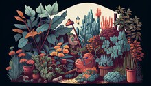 A Detailed Illustration Of A Garden With Various Plants, Flowers, And Garden Tools AI Generated