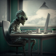 An Alien Sitting At A Desk Coding. Created Using Ai Generative. 