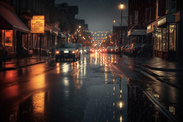 city street, night time, dark, raining , ai art illustration 