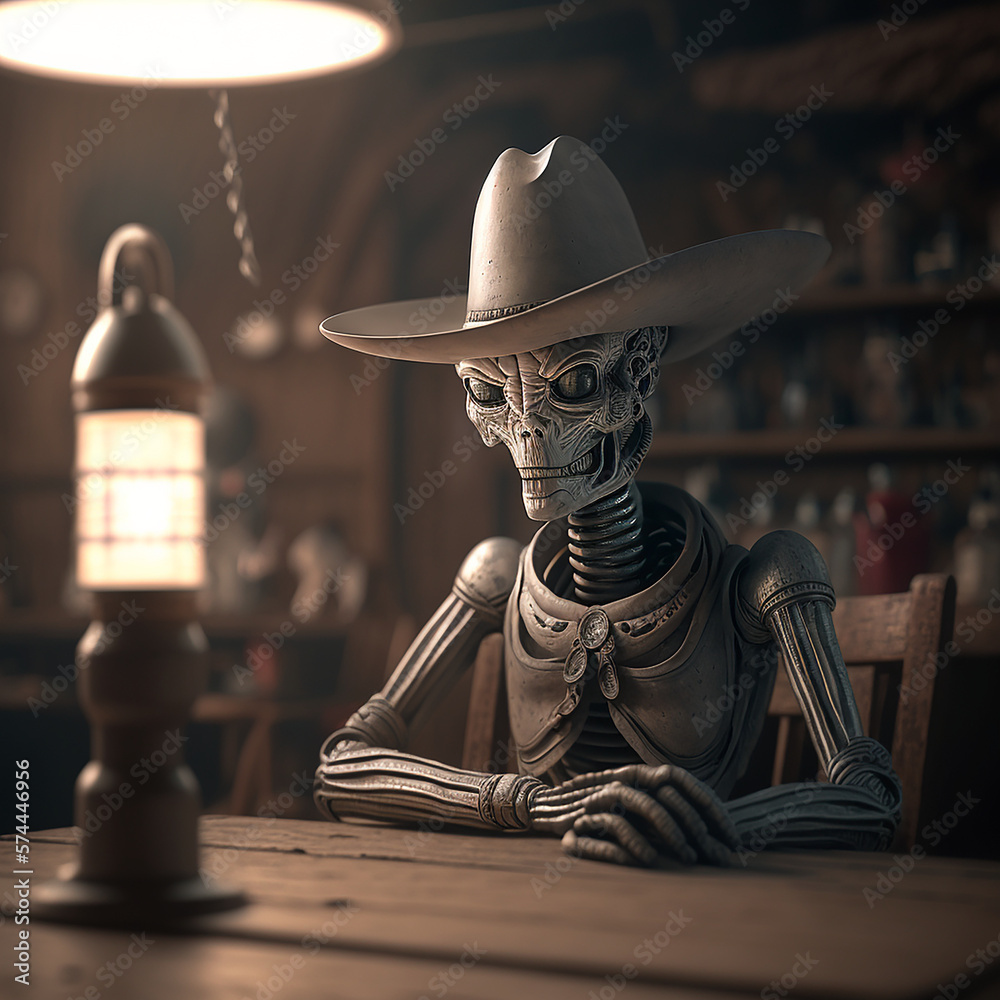 Grey alien wearing a cowboy hat in a saloon. Created using a generative ...