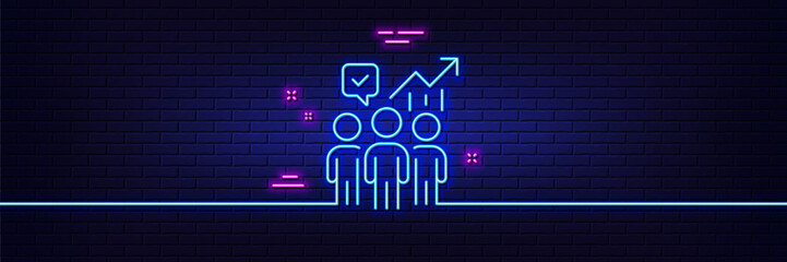 Poster - Neon light glow effect. Business statistics line icon. Meeting report sign. Employees working results symbol. 3d line neon glow icon. Brick wall banner. Business statistics outline. Vector