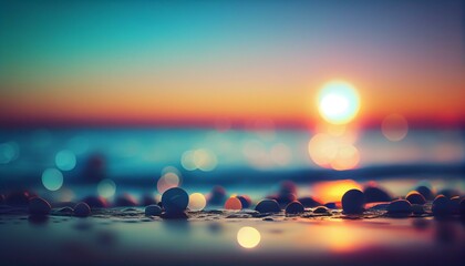 a peaceful bokeh background of a beach with a calm blue ocean and colorful sunset in the background 