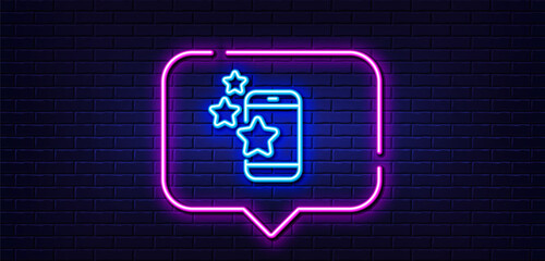 Poster - Neon light speech bubble. Best app line icon. Phone ratings sign. Ranking symbol. Neon light background. Best app glow line. Brick wall banner. Vector