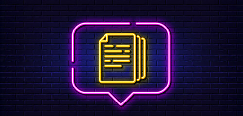 Poster - Neon light speech bubble. Copy documents line icon. Doc file duplicates sign. Office note symbol. Neon light background. Copy documents glow line. Brick wall banner. Vector