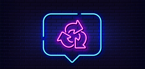 Poster - Neon light speech bubble. Recycle arrow line icon. Recycling waste symbol. Reduce and Reuse sign. Neon light background. Recycle glow line. Brick wall banner. Vector