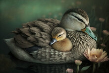 Adult Mother Duck Cradling Her Duckling, Generative Ai