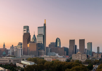 Sticker - Philadelphia Skyline with Business District Area. Beautiful Morning Sunlight and Sky. Pennsylvania.