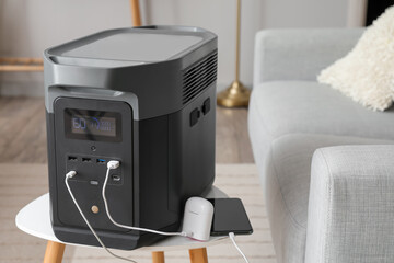 Wall Mural - Portable power station charging devices on table in living room, closeup