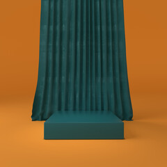 Leinwandbilder - 3d rendered interior with geometric shapes, podium on the floor, curtains. Platforms for product presentation, mock up background.