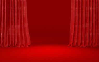 Movie theater dramatic curtains on stage, classic drapery template 3d render illustration. Circus and standup scene interior