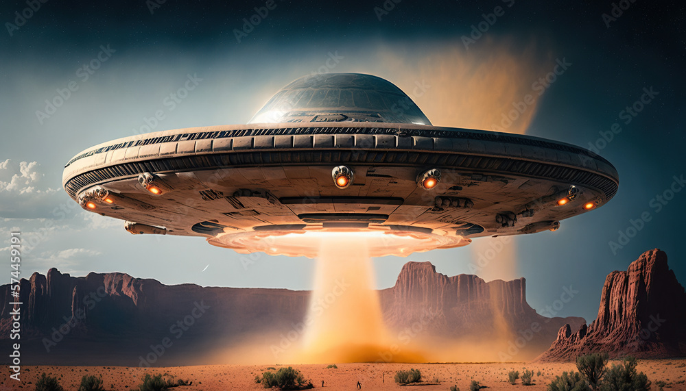 Flying saucer flies over highways and in the desert. Invasion of ...