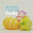 Illustration of happy easter sunday text with blue borders on gray background, copy space