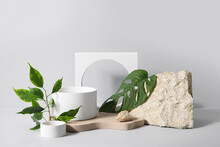Plaster Podiums With Monstera Leaf And Ficus Branch On White Background