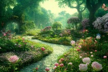 Beautiful Summer Landscape Of Wonderland.Fantastic Mystical Garden With Roses And Butterflies. Generative AI