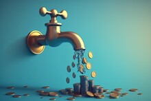 Faucet And Coins, Money Falling From Faucet, Blue Background, Generative AI