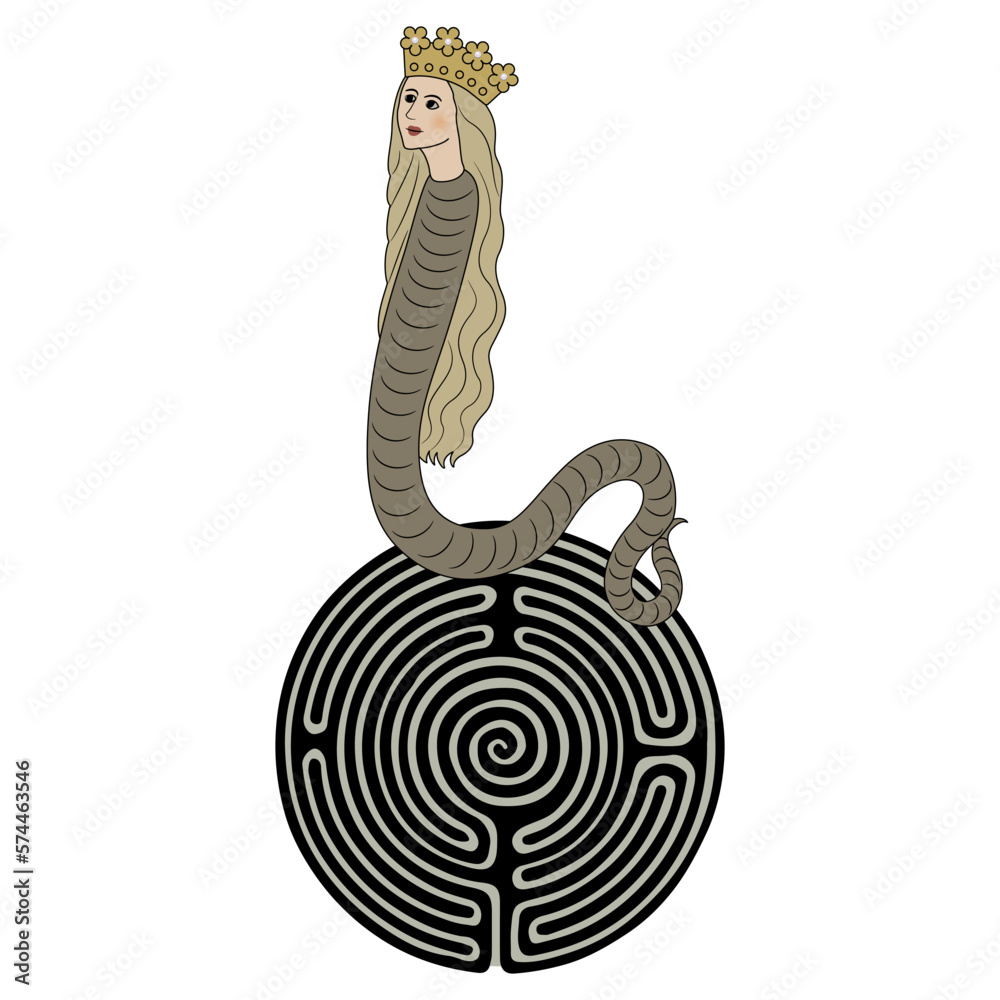Fantastic female snake in royal crown on a round spiral maze or ...