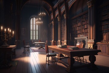 Old library interior with bookshelves, Generative AI
