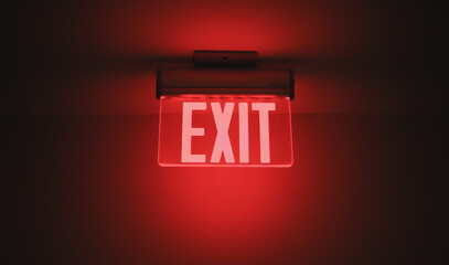 Hallway exit sign vibrant in corridor showing evacuation during emergency neon