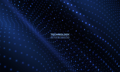 Poster - Dark blue vector abstract technology digital wave of particles mesh background. Network illustration with particle. Artificial intelligence and big data digital technology abstract background.