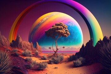 Wall Mural - Colorful exotic planet, natural landscape on exoplanet, Generative AI