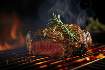 Wagyu rib-eye beef steak with spices rosemary closeup on grill, AI generative illustration