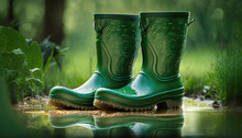 Green Rubber Boots Stand In A Puddle In The Garden