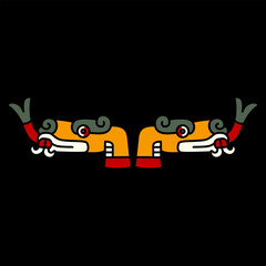 Symmetrical ethnic animal design with two stylized heads of snake or dragon with forked tongue. Native American art of Aztec Indians from Mexican codex. On black background.