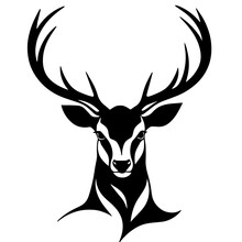 Deer, Elk Or Caribou. A Noble Animal With Horns. Monochrome, Black And White Illustration