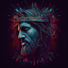 Wall Mural - Abstract portrait of Jesus Christ wearing a crown of thorns. Generative ai