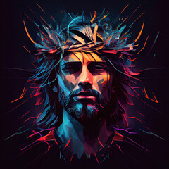 Sticker - Abstract portrait of Jesus Christ wearing a crown of thorns. Generative ai