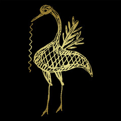 Sticker - Funny standing bird holding a wriggling worm in its beak. Ancient Greek vase painting animal design. Folk style. Hand drawn linear doodle rough sketch. Golden silhouette on black background.