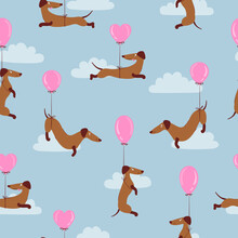 Seamless Pattern With Cute Dachshunds And Balloons. Vector Cartoon Dog Illustration