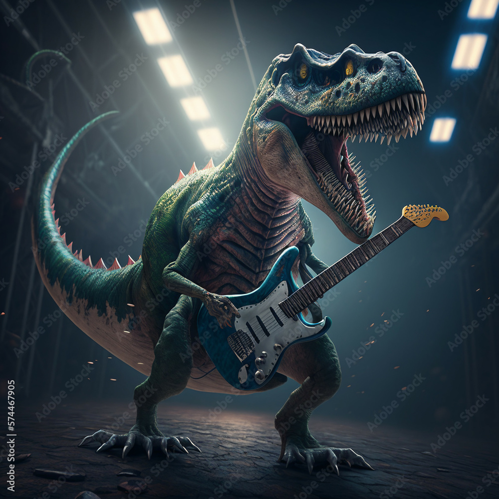 Epic rocker T-rex tyrannosaurus rex dinosaur with guitar