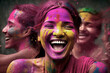 Woman joyful in Indian Holi Festival of colors. Celebrating Holi color festival with multicolored holi powder. The Hindu festival of colours in India or Nepal. Spring Festival. Generative AI.